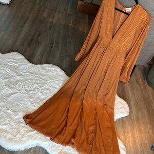 Showpo Terracotta Gold Striped Plunge Neck Bishop Sleeve Gown